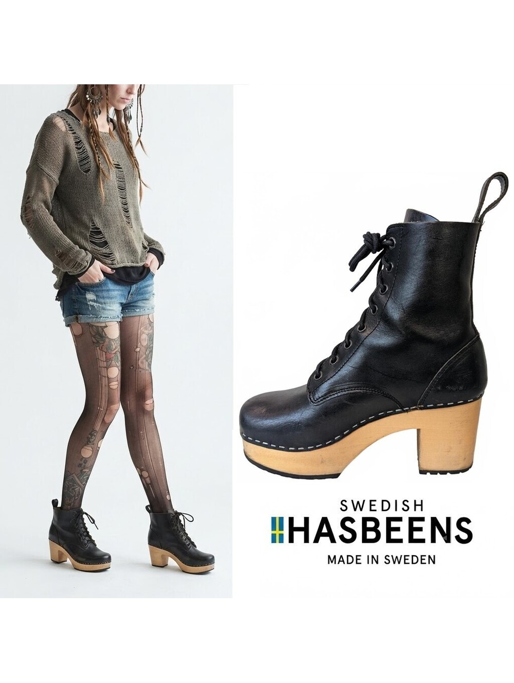 Swedish Hasbeens Women Lace-up Boots Sweden | Platform US 6